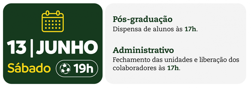 1º jogo – 13/06 (sábado) | 19h
Brasil x Marrocos
• Fechamento das unidades e dispensa dos estudantes às 17h.
