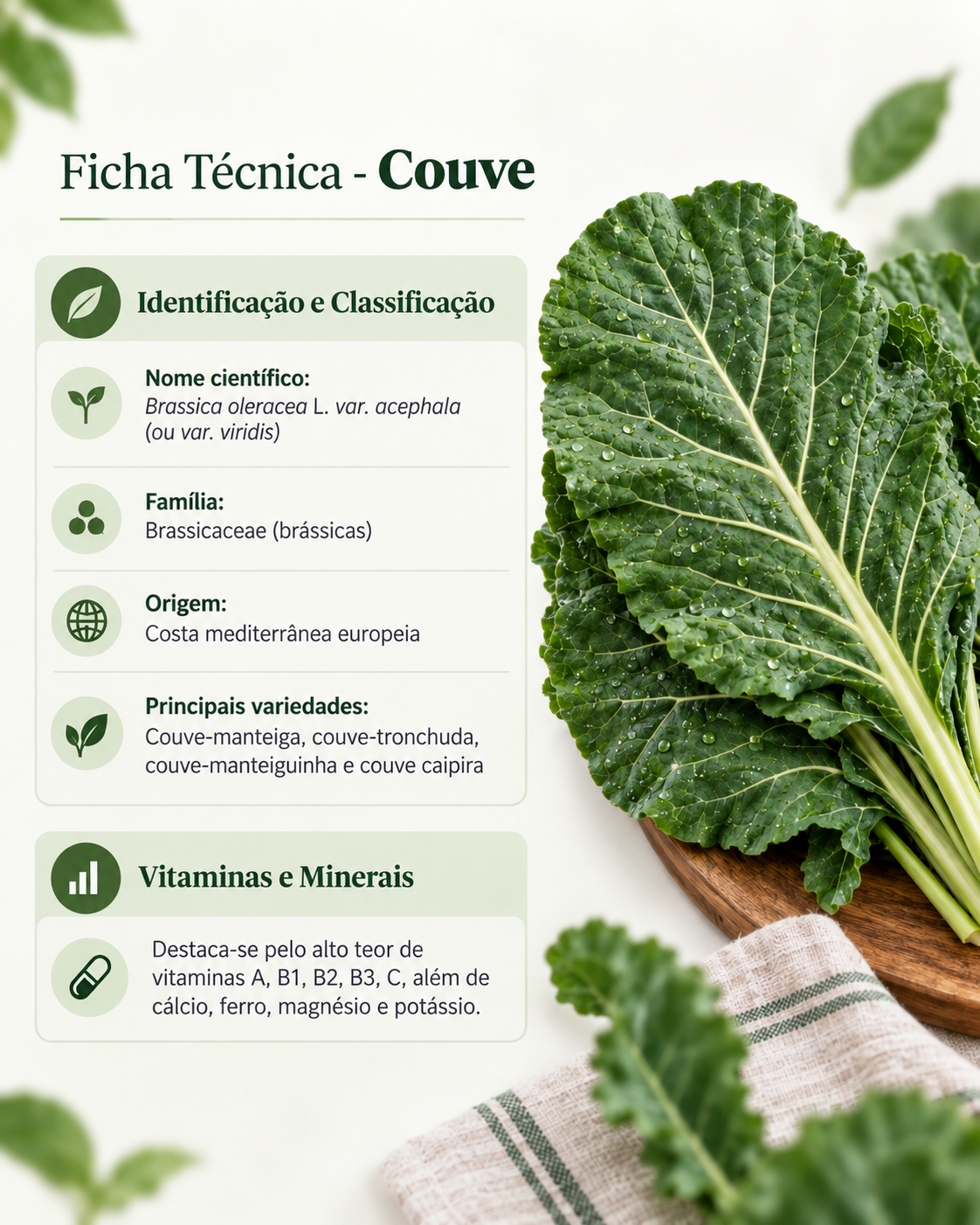 Ficha técnica da couve com informações nutricionais e benefícios do alimento